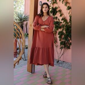 7 For All Mankind Burnt Orange V Neck Cotton Tiered Maxi Dress Large